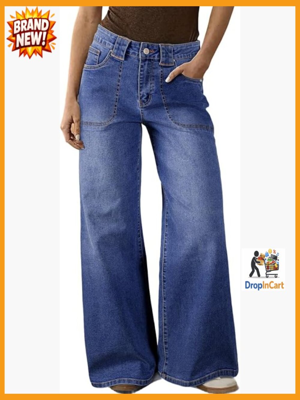 High Waisted Wide Leg Jeans Stretch Denim Front Patch Pockets Retro Y2K